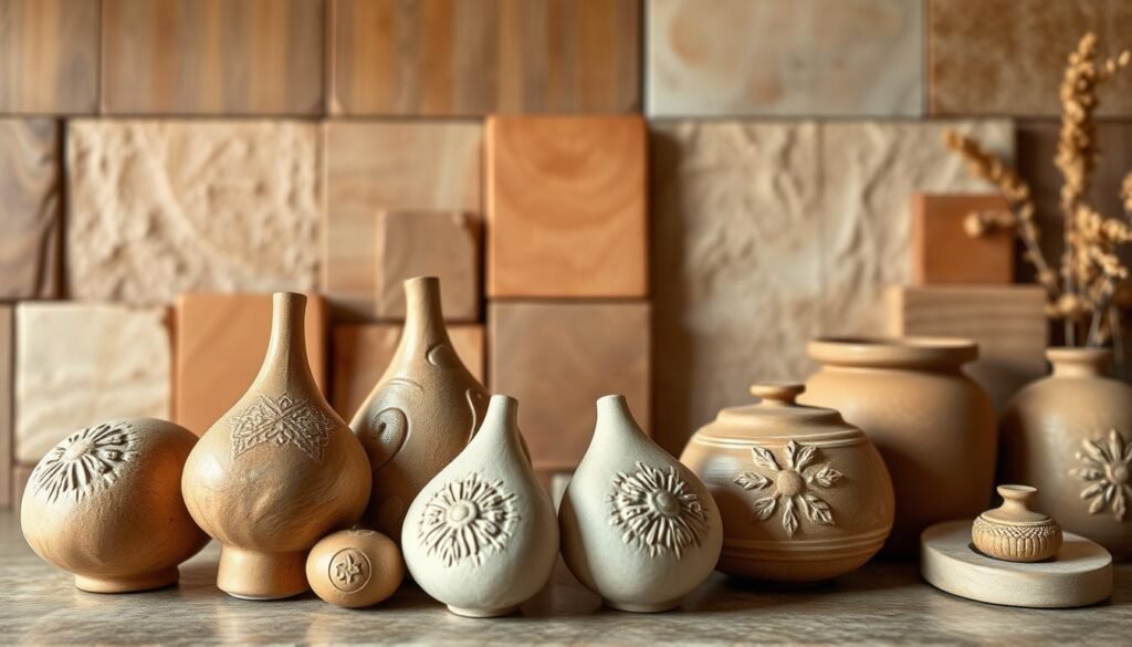 A beautifully crafted arrangement of intricate clay decorative elements, showcasing the earthy, natural textures and tones that would perfectly complement a grounded, spa-like bathroom. The foreground features a cluster of smooth, organic-shaped ceramic sculptures, their surfaces adorned with delicate carved patterns that catch the soft, warm lighting. In the middle ground, a collection of handcrafted clay tiles in muted terracotta and ochre hues create a cohesive, tactile backdrop. The background subtly blends earthy tones, with hints of natural stone or weathered wood paneling to evoke a sense of tranquility and harmony. The overall composition exudes a calming, serene atmosphere, perfectly capturing the essence of an elegant, nature-inspired bathroom design.