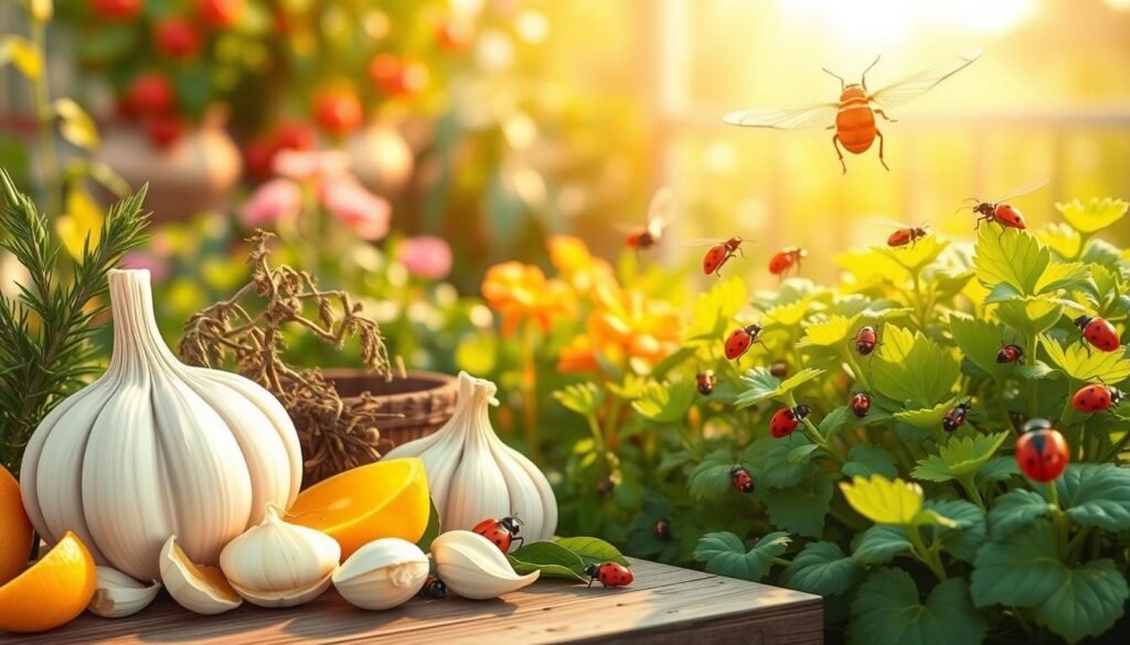 A beautifully illustrated scene showcasing various organic pest control methods for a thriving container garden. In the foreground, an assortment of natural repellents and deterrents, such as citrus peels, garlic cloves, and fragrant herbs, are arranged artfully. The middle ground features a variety of beneficial insects, like ladybugs and lacewings, hovering around lush, verdant plants. In the background, a well-maintained vegetable or flower garden, bathed in warm, golden sunlight, creates a serene and inviting atmosphere. The scene is captured with a shallow depth of field, allowing the organic pest control elements to take center stage, while the garden setting provides a harmonious backdrop. The overall mood is one of ecological balance, sustainable gardening, and a thriving, pest-free container garden.