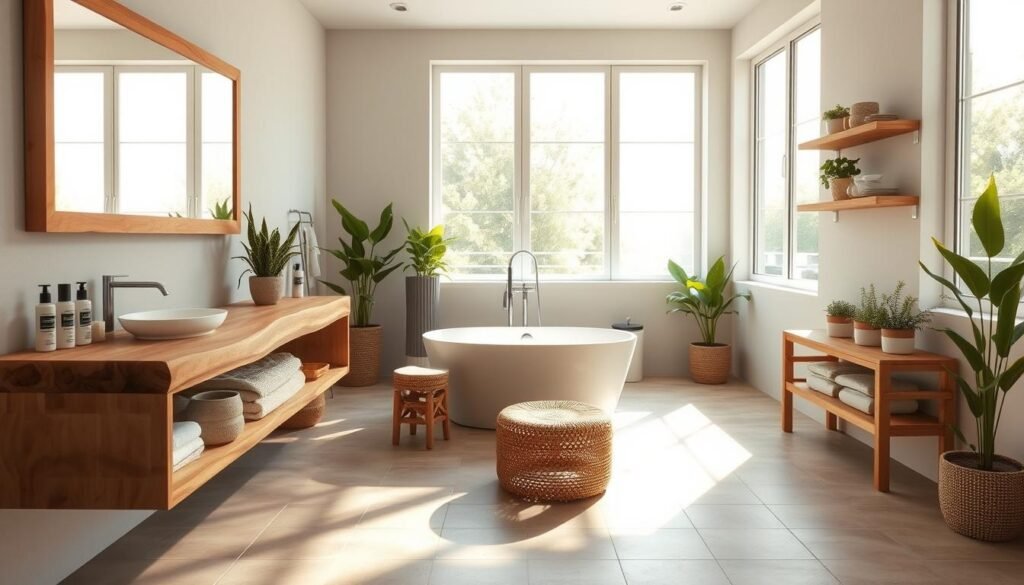 A bright, airy bathroom with a natural wood vanity and rustic accents. Warm sunlight filters through large windows, casting a soft glow on the raw-edged wood countertop and earthy-toned tiles. A freestanding bathtub stands in the center, surrounded by potted plants and a woven rattan stool. Wooden shelves hold organic bath products, while a large mirror reflects the serene scene. The overall atmosphere is calming and grounded, blending modern and natural elements for a spa-like retreat.