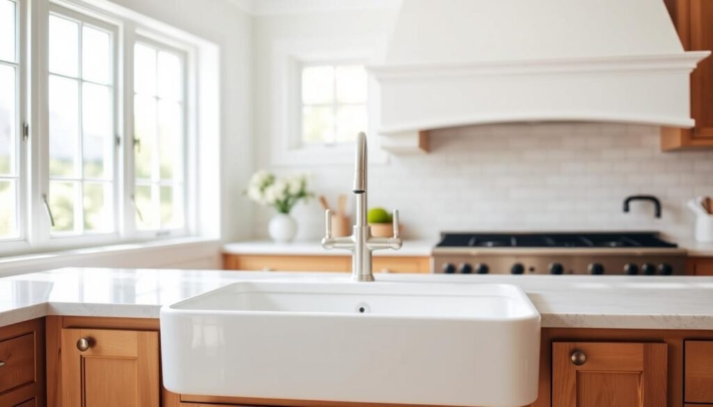 A bright, airy farmhouse kitchen with a stunning apron-front sink as the centerpiece. The sink is made of crisp white porcelain, its deep basin and curved edges lending a timeless, rustic charm. Soft natural light filters in through large windows, casting a warm glow on the surrounding wooden cabinetry and stone countertops. The faucet is a sleek, brushed nickel design, complementing the vintage-inspired aesthetic. In the background, a tiled backsplash in a classic subway pattern adds texture and visual interest. The overall scene conveys a sense of cozy, country-inspired elegance.