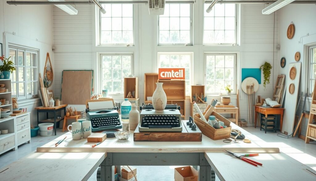 A bright, airy studio space with natural light streaming in from large windows. On a central workbench, an assortment of thrifted objects - a chipped ceramic vase, a vintage typewriter, a discarded wooden crate. Nearby, an array of craft supplies and tools - paints, brushes, sandpaper, scissors. The atmosphere is one of creativity and possibility, as the viewer imagines the transformation of these ordinary finds into unique, personalized decor. The camera angle is slightly elevated, capturing the scene from an inspirational, bird's-eye perspective.