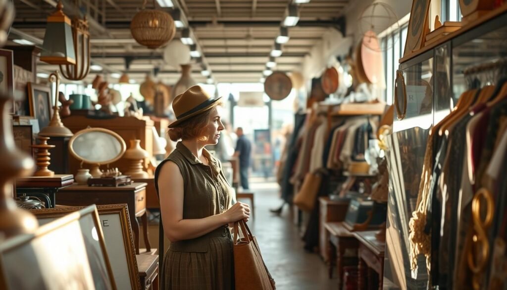 A bustling thrift store, mid-morning light streaming through the windows, casting a warm glow across the aisles filled with an eclectic mix of pre-loved treasures. A discerning shopper, dressed in a vintage ensemble, carefully peruses the shelves, searching for hidden gems amidst the well-curated selection of furniture, décor, and clothing. The atmosphere is one of quiet contemplation, as the shopper meticulously examines each item, imagining how it could be repurposed and integrated into their own unique style. The store's atmosphere is both lively and serene, with the occasional chatter of fellow thrifters providing a soundtrack to the shopper's focused exploration. A sense of discovery and potential permeates the scene, capturing the essence of the "thrift shopping timing" that can lead to the creation of a sustainable, stylish home.