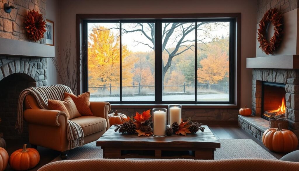 A cozy and cohesive fall home decor scene. In the foreground, a plush, autumnal-hued armchair sits by a large, stone fireplace, adorned with a knitted throw and pumpkin-themed accent pillows. The middle ground showcases a rustic, wooden coffee table topped with a centerpiece of dried leaves, pinecones, and fragrant candles. In the background, a large window frames a picturesque view of a tree-lined landscape, its vibrant foliage casting a warm, golden glow throughout the space. The lighting is soft and ambient, creating a inviting, hygge-inspired atmosphere. Crisp, clean lines and earthy tones blend seamlessly, evoking a sense of comforting, seasonal harmony.