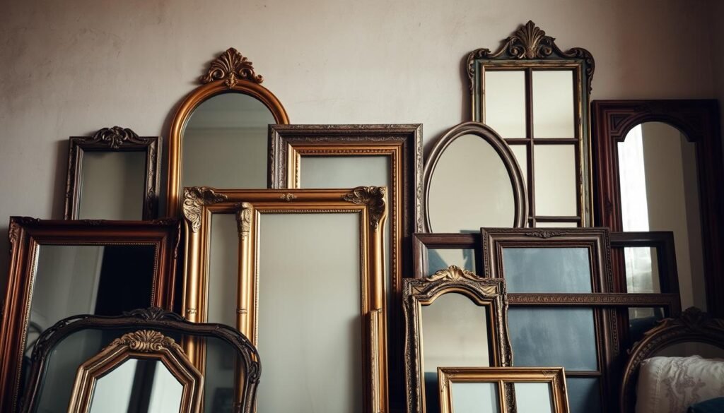 A cozy and inviting arrangement of vintage mirrors and frames, captured in a soft, warm lighting. The mirrors are of varying shapes and sizes, some with ornate gold or tarnished silver frames, others with simple wooden or distressed finishes. They are positioned thoughtfully, creating a captivating focal point that draws the eye. The background is a muted, textured wall, adding depth and character to the scene. The overall atmosphere is one of timeless charm and rustic elegance, perfectly suited to a cozy, shabby chic living room.
