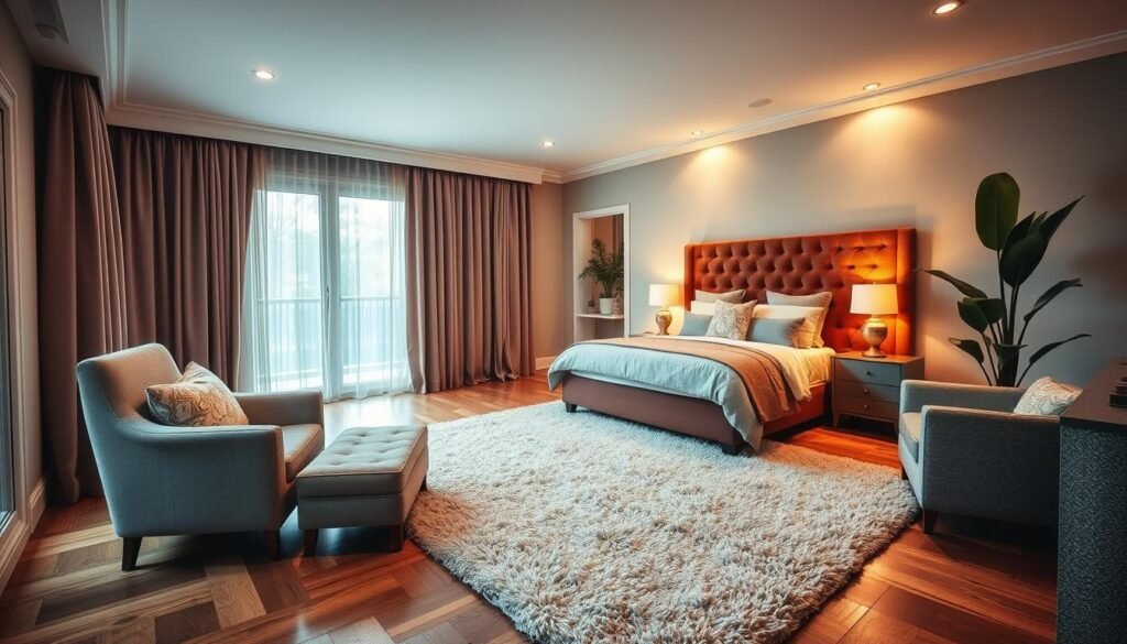 A cozy and inviting bedroom retreat, bathed in warm, soft lighting from a pair of brass table lamps on the nightstands. A plush, tufted headboard in a rich velvet fabric frames the king-sized bed, topped with a fluffy duvet and an array of decorative pillows. Wooden floors are covered by a large, shaggy area rug, and a cozy armchair sits in the corner, flanked by a tall plant. The room has large windows that let in natural light, with delicate, flowing curtains in a muted color palette. The overall atmosphere is one of comfort, relaxation, and personal style, creating a tranquil haven for rest and rejuvenation.