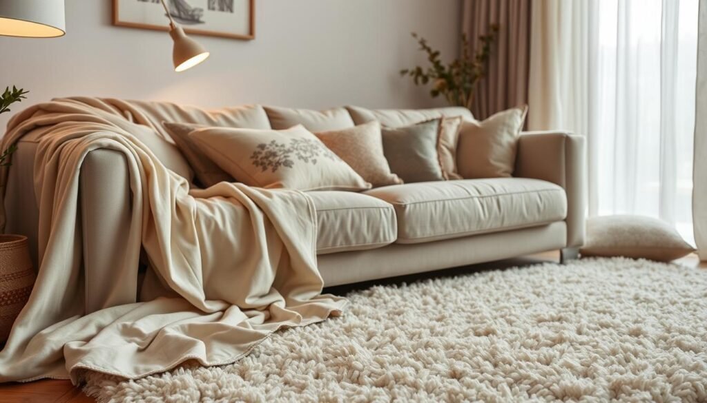 A cozy arrangement of soft, plush textiles in a warm, inviting living room. In the foreground, a delicate velvet throw cascades over a deep-tufted, linen-upholstered sofa, its subtle sheen catching the gentle glow of a nearby floor lamp. Scattered throughout the middle ground, an array of decorative pillows in muted floral and geometric patterns, their sumptuous textures inviting touch. In the background, a shaggy, off-white area rug anchors the space, its fluffy pile adding a layer of cozy comfort underfoot. Soft, diffused lighting filters through sheer, billowing curtains, creating a serene, hygge-inspired atmosphere.