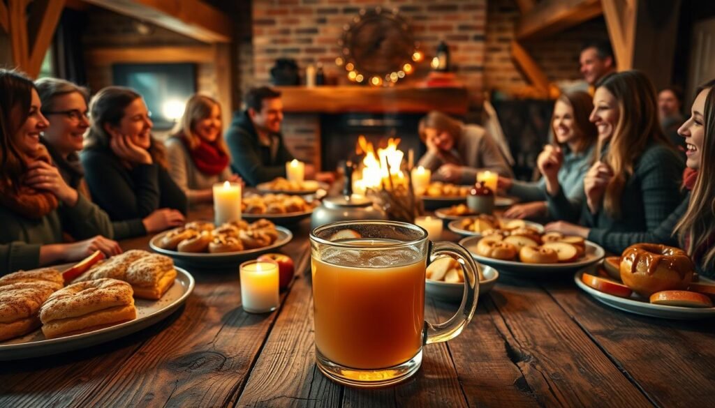 A cozy autumn gathering around a rustic wooden table, filled with an array of seasonal delights. In the foreground, a steaming mug of freshly pressed apple cider takes center stage, its amber hue reflecting the warm glow of candlelight. Platters of homemade apple pie, cinnamon-dusted donuts, and caramel-drizzled apple slices surround the cider, creating a mouthwatering display. In the middle ground, guests laugh and converse, their faces lit by the soft, ambient lighting of the room. Wooden beams, exposed brick, and a crackling fireplace in the background set the scene for a quintessential fall gathering, evoking a sense of comfort, tradition, and the embrace of the changing seasons.