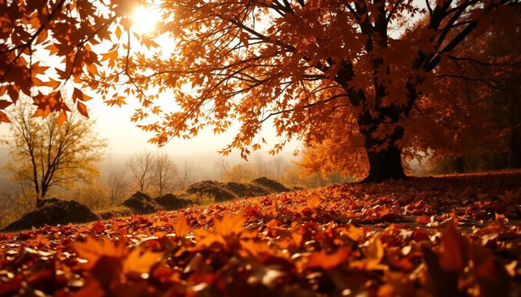 A cozy autumn scene, a warm palette of burnished oranges, russets, and deep reds. In the foreground, a scattering of leaves in hues of gold and amber, backlit by soft, diffused natural light. The middle ground features a gently swaying tree, its branches heavy with the bounty of the season. In the background, a subtle, muted landscape, hazy and dreamlike, evoking the wistful beauty of the changing seasons. The overall atmosphere is one of tranquility and contemplation, inviting the viewer to pause and savor the fleeting joys of fall.