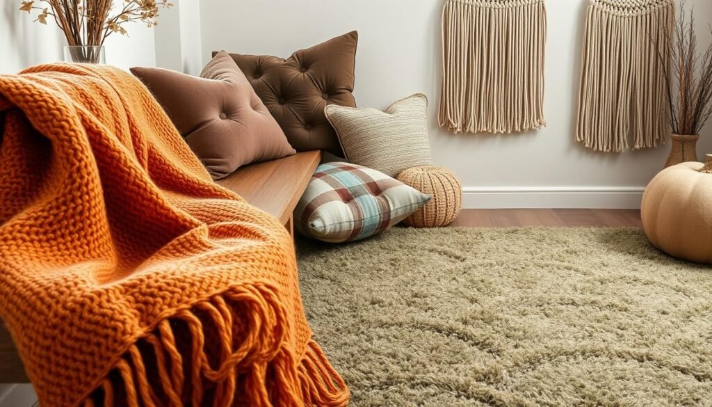 A cozy autumn scene filled with rustic, earthy textiles and fabrics. In the foreground, a soft, woven throw blanket in warm ochre and terracotta tones drapes over a wooden bench. Intricate handwoven patterns and textures create visual interest. In the middle ground, a plush, textured area rug in muted greens and neutrals anchors the composition. Vintage-inspired textiles, such as a tufted velvet pillow and a plaid wool cushion, add layers of rustic charm. The background features a wall adorned with a macrame wall hanging, its woven fibers casting soft, natural shadows. Gentle, diffused lighting illuminates the scene, evoking a sense of coziness and warmth perfect for the autumnal apple cider aesthetic.