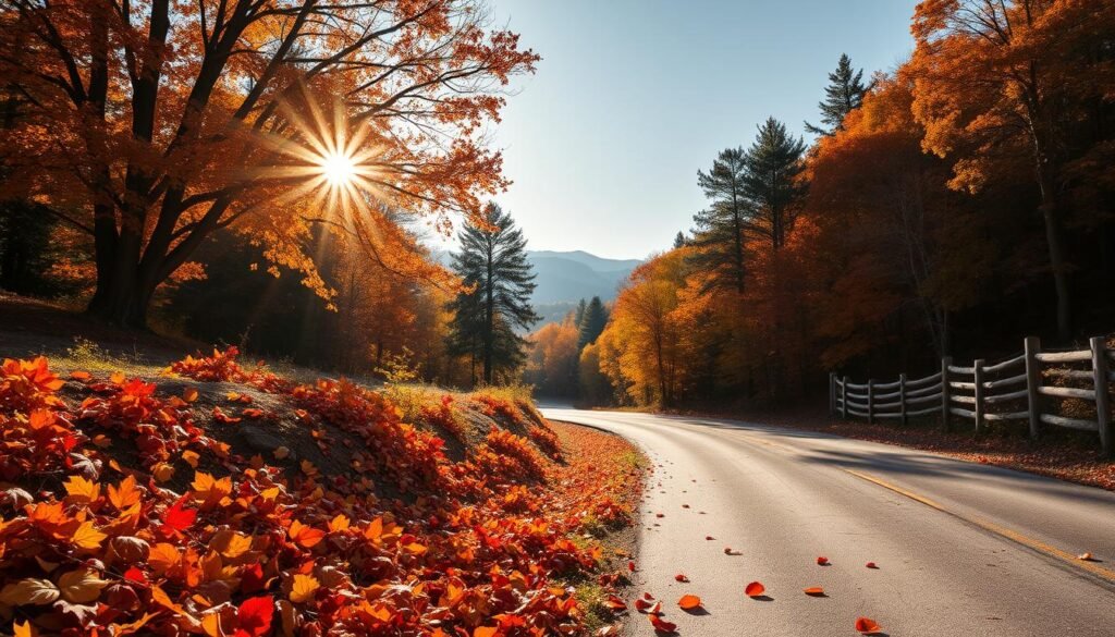 A cozy autumn scene of a picturesque country road winding through a vibrant forest, the sun filtering through the colorful foliage and casting a warm, golden glow. In the foreground, piles of fallen leaves in shades of red, orange, and yellow carpet the ground. In the middle distance, towering oak and maple trees line the road, their branches heavy with brilliant fall hues. In the background, the silhouettes of mountains rise, their peaks dusted with the first snowfall of the season. The scene exudes a sense of coziness and tranquility, perfectly capturing the essence of the apple cider aesthetic.