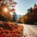 A cozy autumn scene of a picturesque country road winding through a vibrant forest, the sun filtering through the colorful foliage and casting a warm, golden glow. In the foreground, piles of fallen leaves in shades of red, orange, and yellow carpet the ground. In the middle distance, towering oak and maple trees line the road, their branches heavy with brilliant fall hues. In the background, the silhouettes of mountains rise, their peaks dusted with the first snowfall of the season. The scene exudes a sense of coziness and tranquility, perfectly capturing the essence of the apple cider aesthetic.