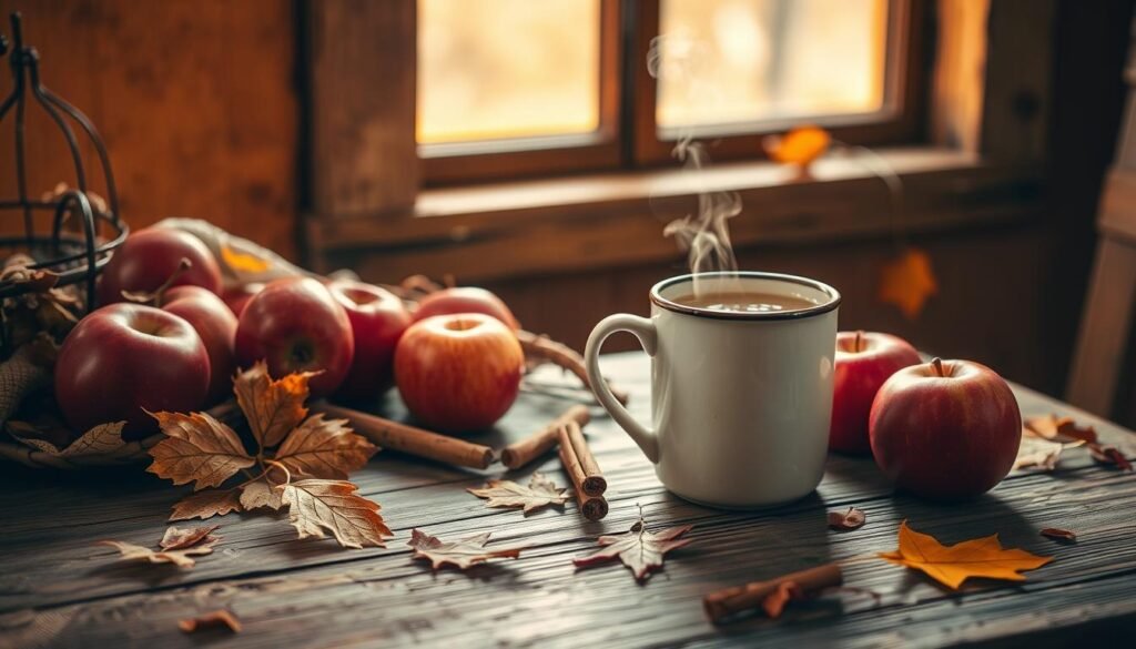 A cozy autumn scene, with a rustic wooden table set against a warm, earthy backdrop. On the table, a steaming mug of apple cider, surrounded by ripe red apples, cinnamon sticks, and a scattering of fallen leaves. Soft, golden lighting filters through a window, casting a gentle glow across the scene. The overall atmosphere is one of comfort, nostalgia, and the welcoming embrace of the fall season.