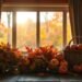A cozy autumn still life set against a warm, ambient light. In the foreground, a rustic wooden table is adorned with an array of seasonal decor - a vibrant bouquet of fall foliage, a woven wicker basket filled with fresh apples, and a pair of candlesticks flickering softly. In the middle ground, a large window frames a scenic view of a sun-dappled forest, the trees ablaze with vibrant reds, oranges, and golds. The background is bathed in a soft, golden glow, creating an inviting, autumnal atmosphere. The overall composition evokes a sense of coziness, comfort, and the beauty of nature's seasonal transition.