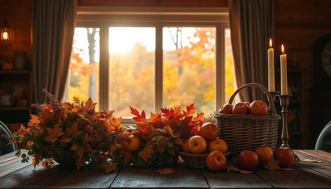 A cozy autumn still life set against a warm, ambient light. In the foreground, a rustic wooden table is adorned with an array of seasonal decor - a vibrant bouquet of fall foliage, a woven wicker basket filled with fresh apples, and a pair of candlesticks flickering softly. In the middle ground, a large window frames a scenic view of a sun-dappled forest, the trees ablaze with vibrant reds, oranges, and golds. The background is bathed in a soft, golden glow, creating an inviting, autumnal atmosphere. The overall composition evokes a sense of coziness, comfort, and the beauty of nature's seasonal transition.