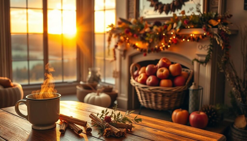 A cozy autumnal scene filled with the inviting scents of fall. In the foreground, a warm-lit wooden table displays an array of seasonal delights - a steaming mug of apple cider, cinnamon sticks, and a woven basket overflowing with crisp red apples. The middle ground features an ornate fireplace mantle draped with garlands of vibrant foliage, dried flowers, and twinkling fairy lights. In the background, a large window looks out onto a picturesque landscape of rolling hills and a brilliant sunset, casting a golden glow throughout the space. The atmosphere is intimate, nostalgic, and brimming with the comforting aromas of autumn.