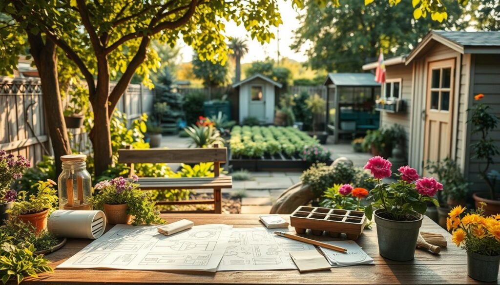 A cozy backyard garden, its surface blanketed with lush greenery and vibrant blooms. In the foreground, a table overflows with gardening tools, seed packets, and hand-drawn plans - the foundation of a DIY project. Warm, natural light filters through the canopy of surrounding trees, casting a soft, inviting glow. In the middle ground, a weathered wooden bench sits adjacent to a potting station, hinting at the hands-on work to come. The background reveals a well-tended vegetable patch and a quaint garden shed, embodying the self-sufficient spirit of this outdoor oasis. A sense of anticipation and creativity permeates the scene, capturing the essence of a backyard transformed through thoughtful DIY. A cozy backyard garden, its surface blanketed with lush greenery and vibrant blooms. In the foreground, a table overflows with gardening tools, seed packets, and hand-drawn plans - the foundation of a DIY project. Warm, natural light filters through the canopy of surrounding trees, casting a soft, inviting glow. In the middle ground, a weathered wooden bench sits adjacent to a potting station, hinting at the hands-on work to come. The background reveals a well-tended vegetable patch and a quaint garden shed, embodying the self-sufficient spirit of this outdoor oasis. A sense of anticipation and creativity permeates the scene, capturing the essence of a backyard transformed through thoughtful DIY.