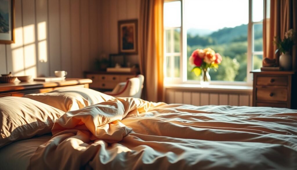 A cozy bedroom bathed in warm, inviting light. In the foreground, a plush, luxurious bed with crisp, cotton sheets in soothing earth tones. Soft, ambient lighting casts a gentle glow, creating a sense of tranquility. The middle ground features a dresser in a rich, wooden hue, complemented by a vase of fragrant flowers in vibrant, complementary colors. In the background, a large window overlooking a lush, verdant landscape, the natural light filtering in and casting a calming, harmonious atmosphere. The overall scene exudes a serene, harmonious color palette, drawing on the principles of color psychology to enhance the bedroom's coziness and comfort.