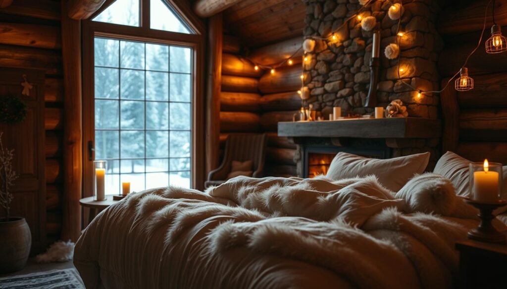 A cozy bedroom bathed in warm, soft lighting. In the foreground, a plush, inviting bed piled high with fluffy blankets and pillows, beckoning you to sink in and relax. Nearby, a rustic wooden nightstand holds a flickering candle, casting a gentle glow. In the middle ground, a large window frames a serene winter landscape, snowflakes drifting down outside. The background features a stone fireplace, its crackling flames casting dancing shadows and adding to the intimate, hygge-inspired atmosphere. Wooden beams and natural textures throughout create a cabin-like ambiance, while strategically placed string lights add a touch of whimsy. An overall sense of tranquility and seasonal comfort permeates the scene.