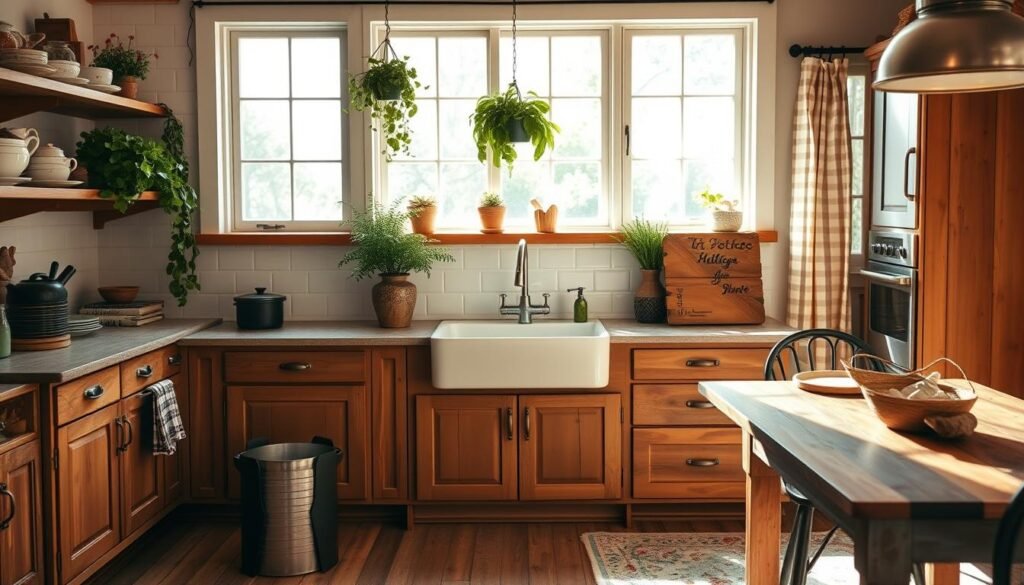 A cozy, budget-friendly farmhouse kitchen with warm, natural lighting streaming through large windows. Rustic wood cabinets and shelves, complemented by simple white subway tile backsplash. A farmhouse-style sink and chrome faucet take center stage, flanked by lush potted plants. Distressed wood floors and a reclaimed wood dining table set the charming, lived-in ambiance. Subtle pops of color come from vintage-inspired textiles, like checkered curtains and a floral area rug. An overall sense of homey, down-to-earth comfort, perfect for everyday meals and gatherings.
