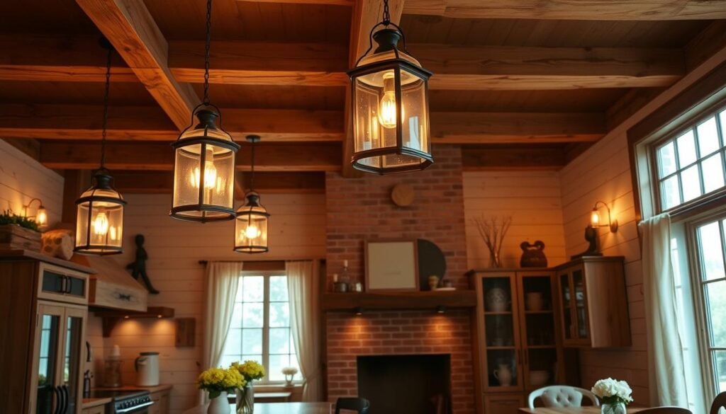 A cozy farmhouse kitchen bathed in warm, golden light. Rustic wooden beams and shiplap walls create a charming, inviting atmosphere. Hanging lanterns with vintage glass panels cast a soft, ambient glow, complementing the exposed brick fireplace and natural wood furnishings. Delicate linen curtains frame the large windows, allowing natural light to filter in and mingle with the artificial lighting. The overall effect is one of timeless elegance and comforting homeliness, perfect for a section on "Lighting for Farmhouse Kitchens".