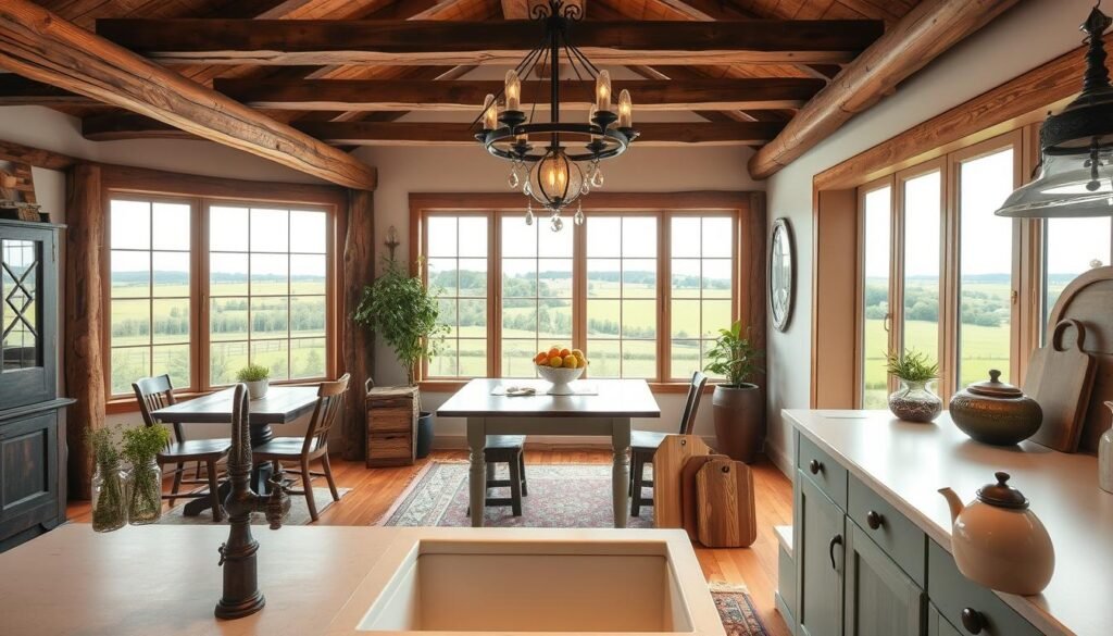 A cozy farmhouse kitchen decor with rustic wooden beams, a farmhouse-style table, and vintage-inspired accessories. Warm lighting from a wrought-iron chandelier casts a soft glow, while a farmhouse-style rug adds texture to the hardwood floor. In the foreground, a farmhouse-style sink with a traditional faucet and decorative glass jars filled with fresh herbs. On the countertop, a set of wooden cutting boards, a ceramic fruit bowl, and a vintage-inspired tea kettle. In the background, a large window overlooking a lush, green countryside, creating a serene and inviting atmosphere.