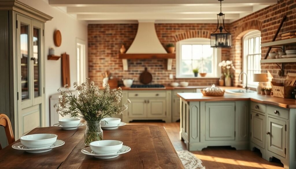 A cozy farmhouse kitchen with warm, natural lighting streaming through large windows. In the foreground, a rustic wooden table is set with classic white dishes and a vase of fresh wildflowers. The middle ground features antique cabinetry in a soft sage green, complemented by a distressed farmhouse-style island. In the background, an exposed brick wall and a vintage-inspired light fixture create a charming, inviting atmosphere. The scene has a soft, nostalgic feel, evoking the comfort and timeless elegance of a well-loved, lived-in farmhouse kitchen.