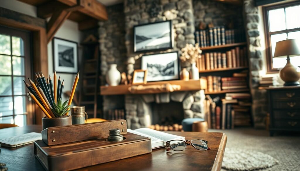 A cozy home office filled with rustic, personalized accessories. In the foreground, a handcrafted wooden desk organizer holds pencils, a vintage ink well, and a small potted succulent. On the desktop, a leather-bound journal and a pair of brass-framed reading glasses. In the middle ground, a weathered wooden bookshelf displays an array of leather-bound books, a ceramic vase with dried wildflowers, and a framed black-and-white landscape photograph. Soft, natural light filters in through a large window, casting a warm glow over the scene. The background features exposed wooden beams, a stone fireplace with a mantel adorned with antique trinkets, and a plush area rug in earthy tones. This intimate, inviting space feels both rustic and personal, reflecting the homeowner's unique style and personality.