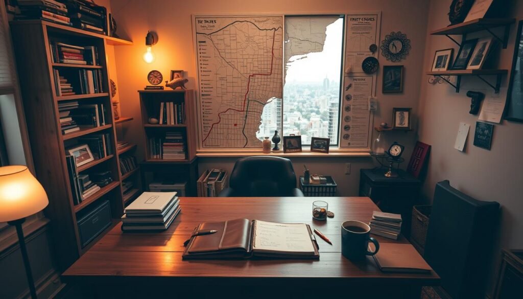 A cozy home office with a large wooden desk, surrounded by shelves filled with secondhand books, trinkets, and vintage decor. Warm, diffused lighting casts a gentle glow, illuminating a detailed map pinned to the wall, showcasing various thrift store locations. On the desk, a leather-bound planner and a cup of steaming coffee sit alongside handwritten notes, highlighting potential thrifting routes and must-visit shops. Through the window, a picturesque urban landscape unfolds, hinting at the diverse treasures waiting to be discovered on this thrifting journey.