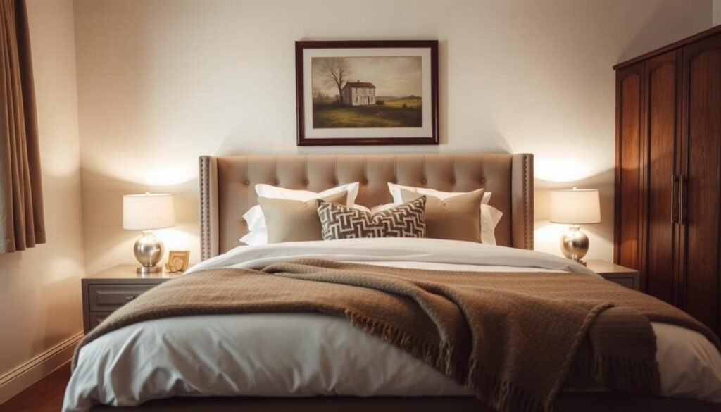 A cozy, inviting bedroom with soft, warm lighting casting a gentle glow. In the foreground, a plush, tufted headboard in a neutral tone frames a cozy bed with crisp, white linens and an assortment of decorative pillows. A cozy throw blanket adds a touch of texture. In the middle ground, a pair of nightstands with subtle, modern lamps flank the bed, while a large, framed artwork hangs on the wall above. The background features a pair of tall, wooden dressers, creating a sense of depth and balance. The overall atmosphere is one of comfort, relaxation, and tranquility, inviting the viewer to imagine themselves sinking into the cozy haven.