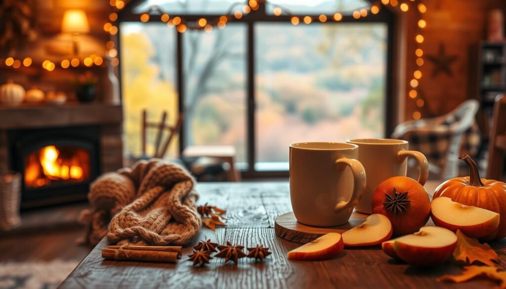 A cozy, inviting beverage station in a warm, autumnal setting. In the foreground, a rustic wooden table is adorned with a knitted throw, a stack of mugs, and an assortment of fall-inspired ingredients - cinnamon sticks, star anise, and fresh apple slices. Behind it, a fireplace crackling with a gentle flame casts a soft, golden glow across the scene. In the background, a large picture window overlooks a picturesque landscape of changing foliage, hinting at the season's transition. The lighting is soft and diffused, creating a welcoming, intimate atmosphere perfect for sipping a comforting apple cider or spiced latte.