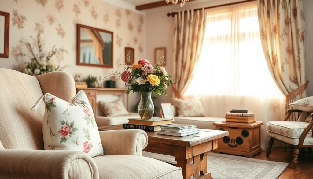 A cozy, inviting living room filled with delicate shabby chic floral fabrics. In the foreground, a plush, weathered armchair is adorned with a soft, floral-patterned throw cushion. The middle ground features a rustic wooden coffee table topped with a vase of freshly picked blooms and a stack of well-worn books. In the background, sheer, floral-printed curtains gently billow in the warm, natural light streaming through the large windows. The overall atmosphere is one of relaxed comfort and charming, vintage-inspired elegance.