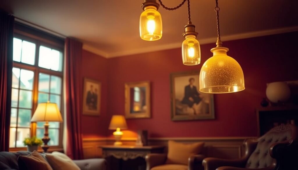 A cozy, inviting room bathed in the warm glow of amber lighting. Soft, diffuse illumination cascades from vintage-style pendant lamps, their brass fixtures and glass shades casting a gentle, honeyed radiance. The walls are lined with rich, earthy tones - perhaps a deep burgundy or a muted terracotta. Plush, autumnal textiles like velvet and wool create a sense of comfort and coziness. Wooden furniture, perhaps an ornate side table or a weathered armchair, adds natural texture and a touch of rustic charm. The overall atmosphere is one of inviting tranquility, perfect for curling up with a mug of hot apple cider on a chilly fall evening.
