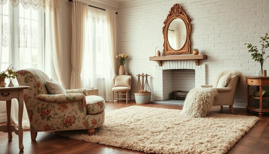 A cozy living room with a soft, shabby chic color palette. The foreground features a vintage floral armchair and a distressed wooden side table, both bathed in warm, muted tones. The middle ground showcases a plush, worn-in area rug in shades of beige and cream, complemented by a pair of oversized, fluffy throw pillows. In the background, a whitewashed brick fireplace with an ornate, gilded mirror creates a sense of rustic elegance. Soft, natural light filters through lace-trimmed curtains, casting a dreamy, nostalgic glow throughout the space. The overall atmosphere is one of relaxed comfort and effortless style.