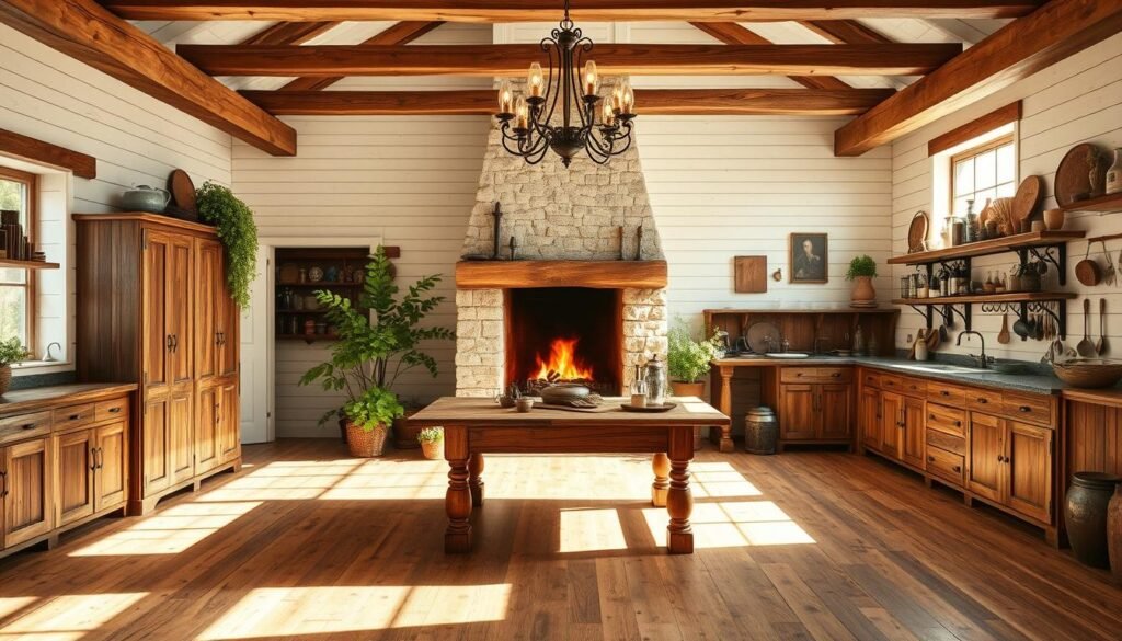 A cozy rustic kitchen with sun-dappled wooden floors, exposed beams, and a central farmhouse-style table. Weathered wooden cabinets with wrought-iron hardware stand against a backdrop of white shiplap walls. A large stone fireplace dominates the middle ground, its crackling flames casting a warm glow. Hanging from the ceiling, a vintage iron chandelier casts a soft light over the scene. Lush potted plants and a collection of antique utensils and cookware add to the authentic farmhouse ambiance. The overall impression is one of timeless charm and rural simplicity.