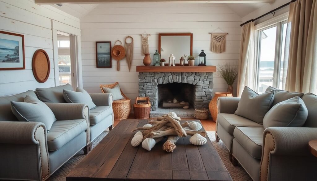A cozy, rustic living area in a charming beachside cottage. In the foreground, a weathered wooden coffee table adorned with driftwood and seashells. Plush, overstuffed armchairs in muted coastal hues flank a stone fireplace, its mantel decorated with seagrass baskets and vintage lanterns. The walls are clad in shiplap, with framed nautical prints and macrame wall hangings. Warm, diffused lighting filters through gauzy linen curtains, casting a soft glow across the space. In the background, a large window frames a picturesque view of the crashing waves and sun-dappled sand. The overall atmosphere evokes a sense of tranquility and relaxation, perfect for an idyllic beachside retreat.