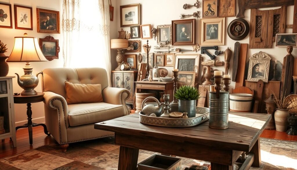 A cozy, sun-drenched living room filled with repurposed decor. In the foreground, a vintage armchair upholstered in soft, weathered fabric sits atop a patchwork rug made from upcycled materials. On a side table, a lamp crafted from an antique teapot casts a warm glow. The middle ground features a rustic wooden coffee table, its surface adorned with a collage of found objects and trinkets - a tarnished silver tray, a cluster of mismatched candlesticks, and a sprawling succulent in a repurposed tin can. In the background, a wall gallery showcases an eclectic mix of framed artwork, photographs, and salvaged architectural fragments, creating a cozy, lived-in ambiance. Soft, diffused lighting filters through lace curtains, accentuating the room's charming, shabby chic aesthetic.