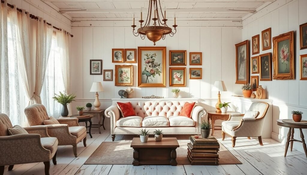 A cozy, sun-drenched shabby chic living room, its distressed white-washed wooden floors bathed in soft, warm light filtering through lace curtains. A vintage velvet sofa in pale pink sits centered, surrounded by mismatched armchairs and side tables adorned with potted succulents and worn leather-bound books. The walls are adorned with a gallery of ornate gilded frames housing faded floral prints. A large, tarnished brass chandelier hangs overhead, casting a gentle glow across the room. Layered, weathered textures and muted colors create a sense of timeless elegance and relaxed, inviting ambiance.