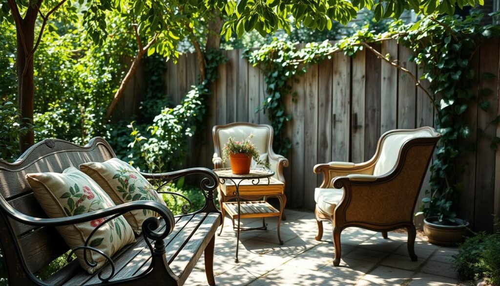 A cozy vintage garden scene, dappled sunlight filters through a canopy of lush greenery. In the foreground, a weathered wooden bench is adorned with a plush, floral-patterned cushion, inviting relaxation. Nearby, a delicate wrought-iron side table holds a potted plant, its trailing vines spilling over the edges. In the middle ground, a pair of antique armchairs, their faded upholstery embracing the natural charm of the space. The background features a rustic wooden fence, entwined with climbing vines, creating a sense of privacy and tranquility. The overall atmosphere is one of effortless elegance, where the vintage furnishings seamlessly blend with the verdant garden, exuding a sense of timeless, boho-inspired charm.