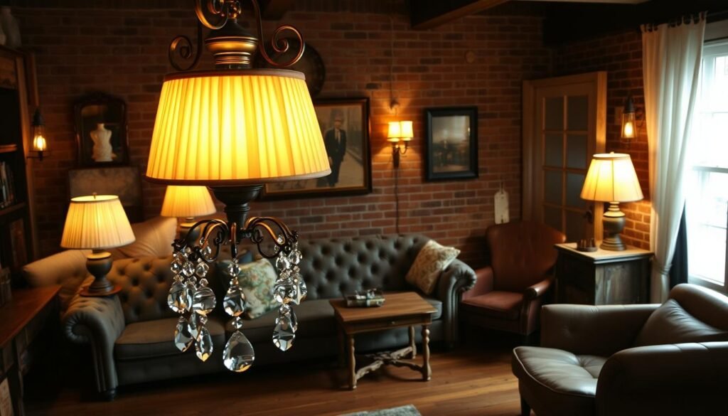 A cozy vintage-inspired living room, dimly lit by a collection of antique table lamps and sconces. The lamps feature ornate metal bases and pleated fabric shades, casting a warm, golden glow across the room. Soft shadows dance on the walls, creating a intimate, inviting atmosphere. In the foreground, an elegant chandelier hangs, its crystals glistening like dewdrops. The middle ground showcases a mix of weathered, distressed furniture pieces - a tufted chesterfield sofa, a rustic side table, and a worn leather armchair. The background features exposed brick walls and hardwood floors, adding to the shabby chic, timeless aesthetic. The overall scene evokes a sense of nostalgia and comfort, perfect for a cozy living room.