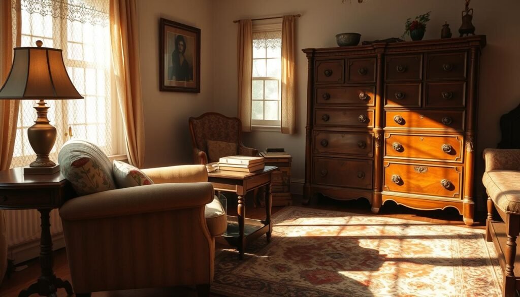 A cozy, vintage-inspired living room with sun-dappled furniture. In the foreground, a distressed wooden armchair with plush floral upholstery, its worn edges embracing the passage of time. Beside it, an end table crafted from weathered oak, its surface adorned with a tarnished brass lamp and a stack of well-loved books. In the middle ground, a faded, patterned area rug anchors the space, its vibrant hues softened by age. Beyond, a tall, antique dresser stands, its drawers adorned with intricate carvings, casting gentle shadows on the walls. Warm, golden light filters in through lace-curtained windows, creating a serene, nostalgic atmosphere. Subtle, ambient lighting illuminates the scene, highlighting the patina and character of each piece.