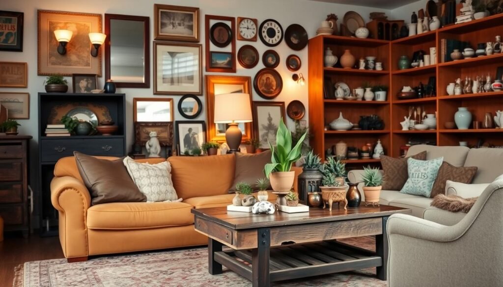 A cozy, well-curated living room with a mix of thrifted decor pieces. In the foreground, a plush, vintage-inspired sofa in earthy tones sits atop a patterned area rug. On the wall behind, an eclectic gallery of framed artwork and mirrors creates an eye-catching focal point. The middle ground features a reclaimed wood coffee table adorned with a collection of unique, secondhand trinkets and plants. Warm, soft lighting from a floor lamp and sconces casts a welcoming glow, enhancing the room's charming, lived-in ambiance. The background showcases wooden shelves displaying an array of antique books, ceramics, and other thrifted decorative items, all carefully curated to create a cohesive, sustainable, and stylish living space.