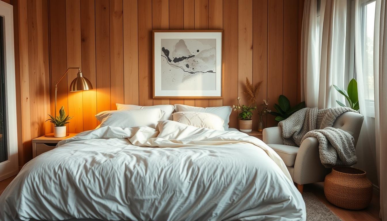 A cozy, well-lit bedroom with a plush, oversized bed dressed in soft, neutral linens. Warm, ambient lighting from a brass floor lamp casts a gentle glow, while a large, framed abstract art piece hangs above the headboard. A cozy, tufted armchair sits in the corner, inviting relaxation, with a fluffy, grey throw draped over the back. The room is accented with natural wood tones, potted plants, and textural details like a woven basket and sheer curtains that drift in the breeze, creating a serene, calming atmosphere.