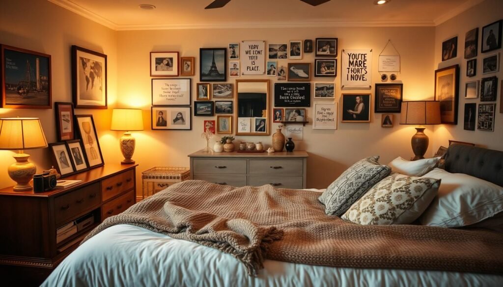 A cozy, well-lit bedroom with warm, inviting lighting. In the foreground, a large, comfortable bed is adorned with plush bedding, throw pillows, and a knitted blanket. On the nightstands, personal mementos and framed photographs add a touch of personality. The middle ground features a stylish dresser with decorative vases, trinkets, and a vintage-inspired lamp. In the background, a gallery wall showcases a collection of artwork, inspirational quotes, and memory-filled polaroids, creating a harmonious, lived-in atmosphere. The overall mood is one of comfort, relaxation, and self-expression, reflecting the owner's unique style and interests.
