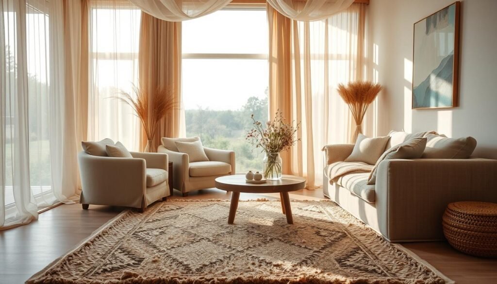 A cozy, well-lit room filled with natural textiles and soft furnishings. In the foreground, a plush, earthy-toned area rug anchors the space, its intricate patterns and fibers inviting touch. Surrounding it, a mix of linen-upholstered armchairs and a deep, cushioned sofa in a neutral hue, their textures layered and inviting. In the middle ground, a wooden side table supports a vase of freshly cut wildflowers, their delicate petals contrasting with the rustic surface. Hanging above, sheer curtains in a soft, flowing material filter the natural light, casting a warm, diffused glow throughout the room. In the background, a large window overlooking a tranquil, nature-filled scene, the distant trees and sky reflected in the glass. The overall atmosphere is one of comfort, serenity, and a connection to the natural world.