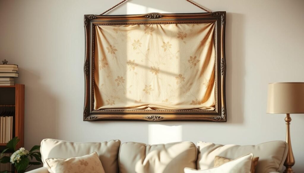 A cozy, well-worn vintage wall hanging, adorned with a delicate floral pattern in soft, faded hues. The piece is framed in an ornate, distressed wooden frame, casting gentle shadows across the textured surface. The lighting is soft and diffused, creating a warm, inviting atmosphere. The composition is balanced, with the wall decor taking center stage, surrounded by a subtly blurred background that suggests a charming, lived-in living space. The overall mood is one of timeless elegance and nostalgic charm, perfectly suited for the "Cozy Up Your Living Room with These 15 Shabby Chic Tips" article.