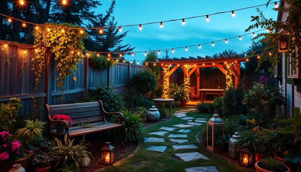 A lush, bohemian-inspired backyard garden at dusk, illuminated by a delicate array of warm string lights that create a cozy, inviting atmosphere. In the foreground, a whimsical mix of potted plants, trailing vines, and vibrant flowers surround a rustic wooden bench. The middle ground features a path winding through the garden, lined with more greenery and decorative lanterns. In the background, a charming wooden gazebo or pergola is enveloped in the soft glow of the string lights, creating a dreamy, romantic scene. The overall composition evokes a sense of relaxation and tranquility, capturing the essence of a bohemian-style backyard oasis.
