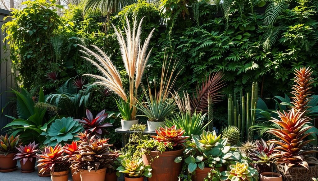 A lush, layered botanical display set in a sun-dappled, boho-inspired backyard. In the foreground, a collection of potted plants in various sizes and shapes, their leaves cascading in a tapestry of greens, reds, and purples. In the middle ground, a mix of trailing vines, tall grasses, and sculptural succulents create a sense of depth and movement. In the background, a verdant wall of ferns, ficus, and philodendrons, casting soft shadows and filtering the warm, golden light. The overall atmosphere is one of abundant, romantic wildness, evoking a sense of bohemian tranquility.