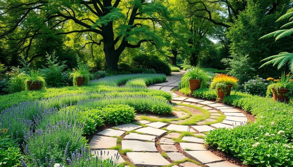A lush, organic mandala garden design with spiraling herb beds and pathways. The foreground features an intricate pattern of vibrant green herbs, lavender, and chamomile arranged in a symmetrical, circular layout. The middle ground showcases a meandering stone pathway winding through the garden, with overflowing planters of trailing vines and blooming flowers along the edges. In the background, a verdant canopy of mature trees filters warm, dappled sunlight across the scene, creating a serene, tranquil atmosphere. The overall composition has a natural, bohemian feel, with a focus on harmonious shapes, textures, and earthy tones.