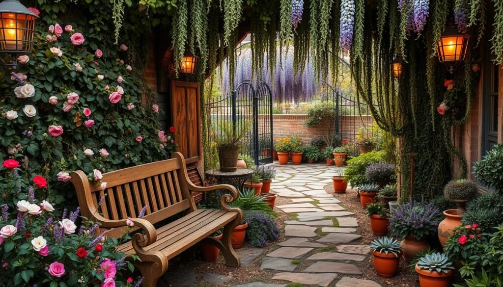 A lush, overgrown bohemian garden with cascading vines, vibrant flowers, and whimsical decorative elements. In the foreground, a rustic wooden bench is surrounded by a profusion of blooming roses, lavender, and jasmine. The middle ground features a meandering stone path lined with terracotta pots overflowing with trailing succulents. In the background, a vintage wrought-iron archway is draped with cascading wisteria, creating a magical canopy. Warm, soft lighting illuminates the scene, casting a golden glow and evoking a sense of tranquility and timeless charm. The overall atmosphere is one of effortless beauty, inviting exploration and relaxation in this enchanting bohemian paradise.