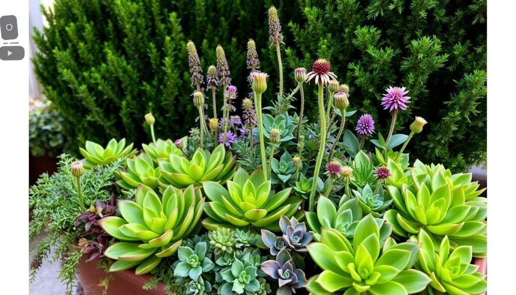 A lush, verdant container garden thriving with an assortment of cold-hardy plants. In the foreground, a vibrant mix of hardy succulents like sedum and sempervivum, their fleshy leaves glistening in the soft, diffused light. In the middle ground, sturdy perennials like Russian sage and purple coneflowers, their stalks and petals unfurling defiantly against the chill. In the background, a backdrop of towering evergreen shrubs, their needles and branches creating a cozy, sheltered ambiance. The entire scene is bathed in a cool, gentle glow, as if illuminated by the first rays of an early spring morning. The composition is balanced, the focus sharp, capturing the resilience and beauty of these hardy, cold-loving plants in an intimate, inviting container garden setting.